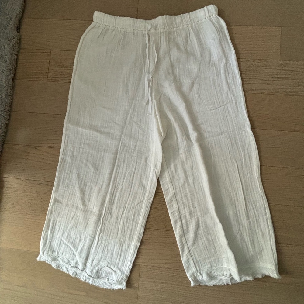 Eileen Fisher Cream Wide-Leg Cropped 100% cotton Pants